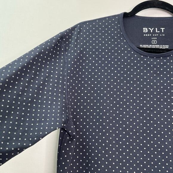BYLT Mens Black Polka Dot Drop Cut Long Sleeve Shirt Size M Stretch Classic Gym - Picture 5 of 12